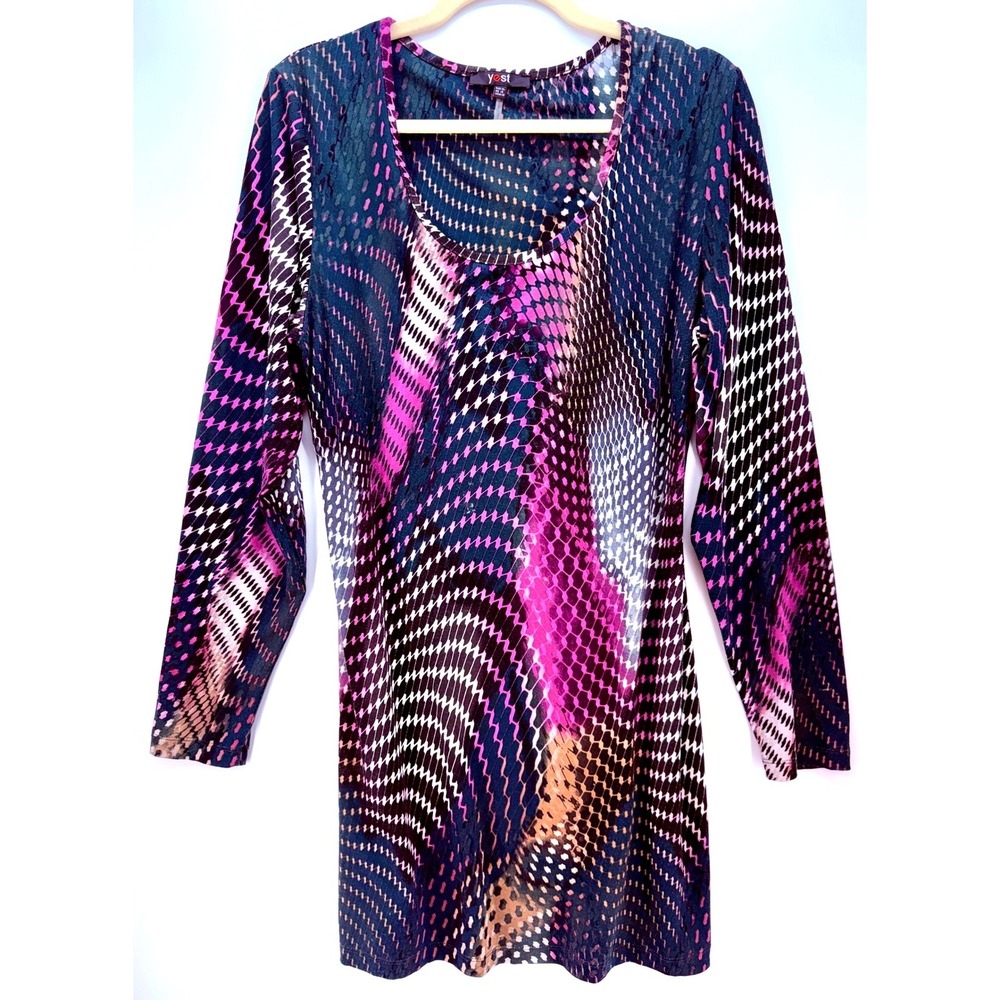 Abstract Geometric Snake Print Long Sleeve Tunic Top Sz US 12 Y2K Artsy Dopamine